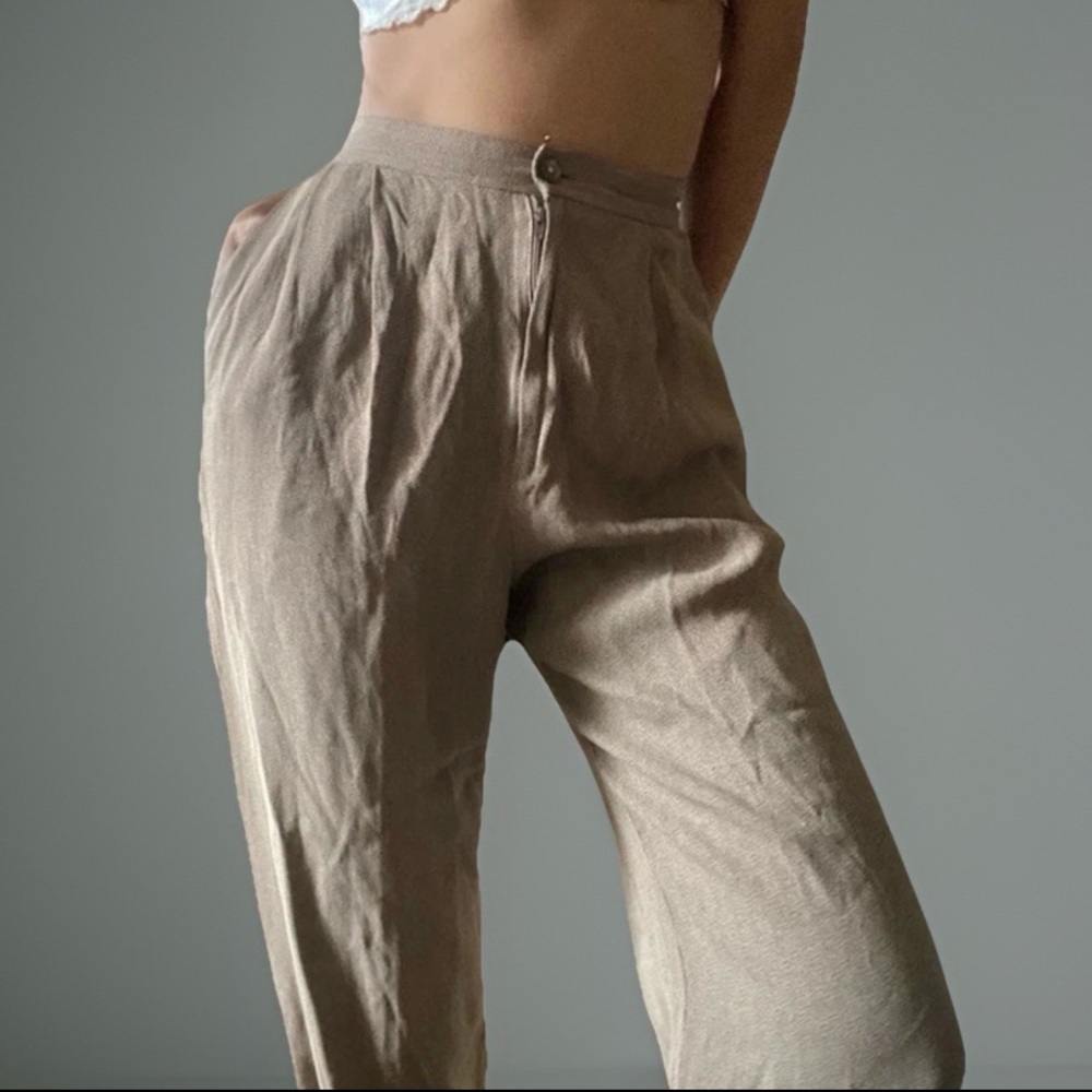 Vintage Tamotsu New York 100% Rayon Tan High-Waisted Pants XS Waist 24”